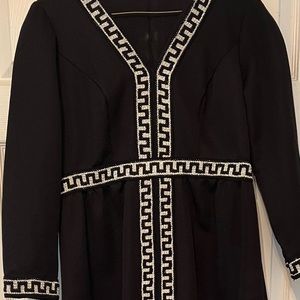 Vintage black/silver polyester 60-70’s  cocktail dress, 6” slit up in front.